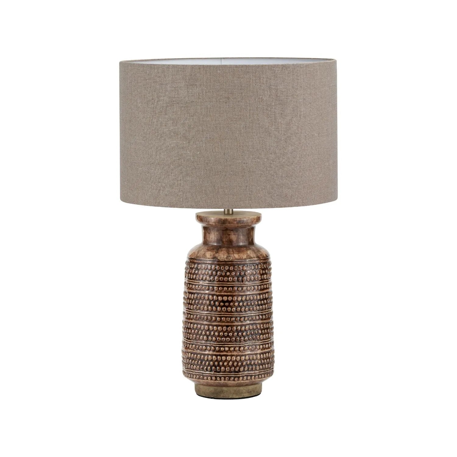 Rustic rich brown glazed artisan ceramic table lamp base with dot design – handmade stoneware tapered cylindrical light base 39x15x15cm | Click Style
