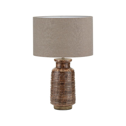 Rustic rich brown glazed artisan ceramic table lamp base with dot design – handmade stoneware tapered cylindrical light base 39x15x15cm | Click Style