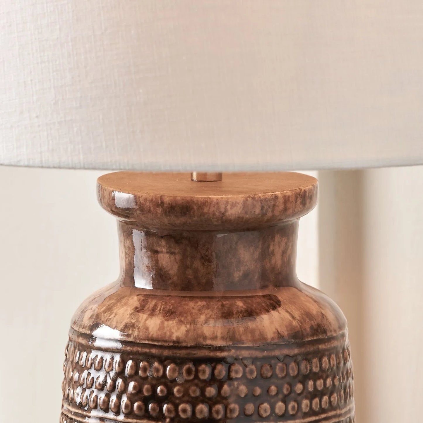 Rustic rich brown glazed artisan ceramic table lamp base with dot design – handmade stoneware tapered cylindrical light base 39x15x15cm | Click Style