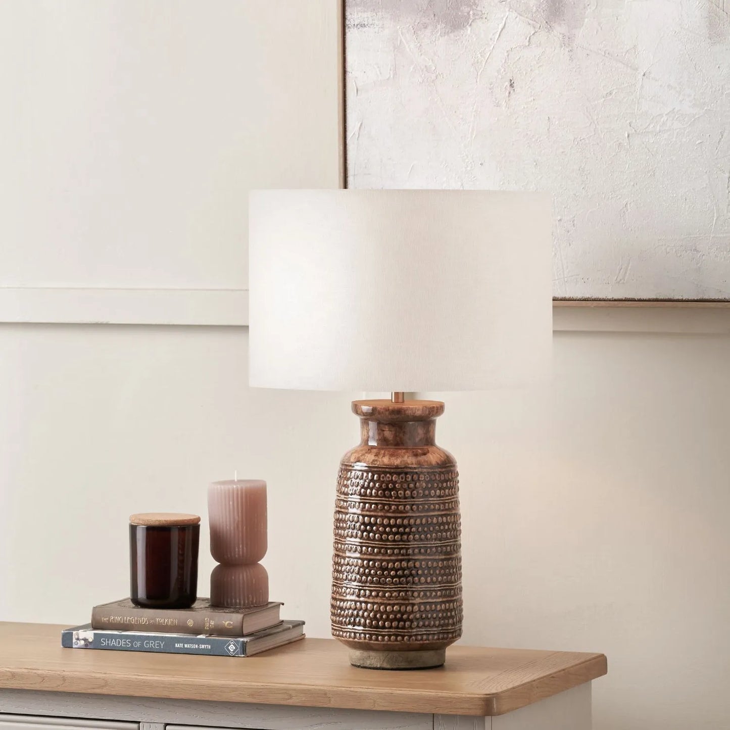 Rustic rich brown glazed artisan ceramic table lamp base with dot design – handmade stoneware tapered cylindrical light base 39x15x15cm | Click Style