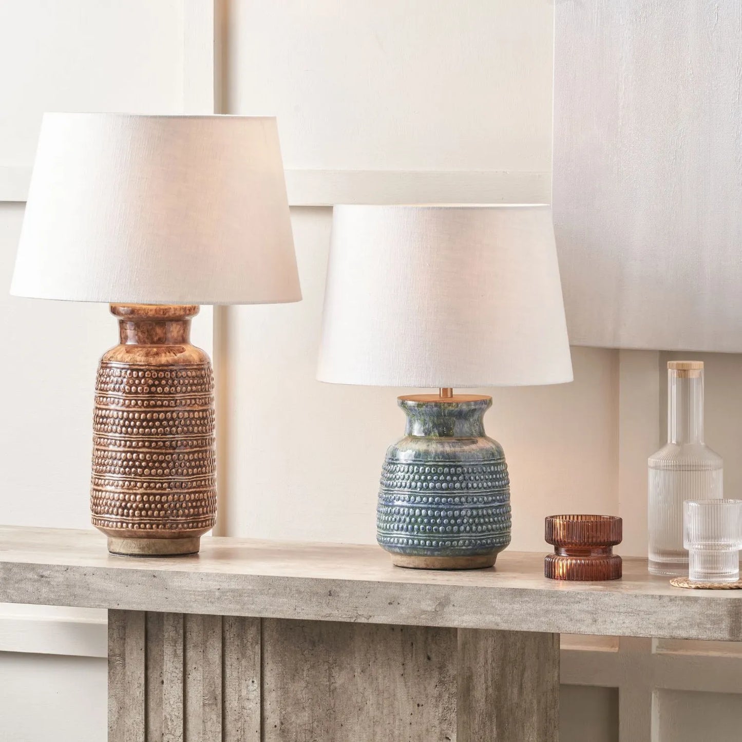 Rustic rich brown glazed artisan ceramic table lamp base with dot design – handmade stoneware tapered cylindrical light base 39x15x15cm | Click Style