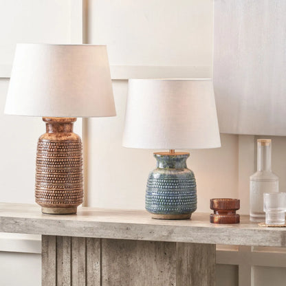 Rustic rich brown glazed artisan ceramic table lamp base with dot design – handmade stoneware tapered cylindrical light base 39x15x15cm | Click Style