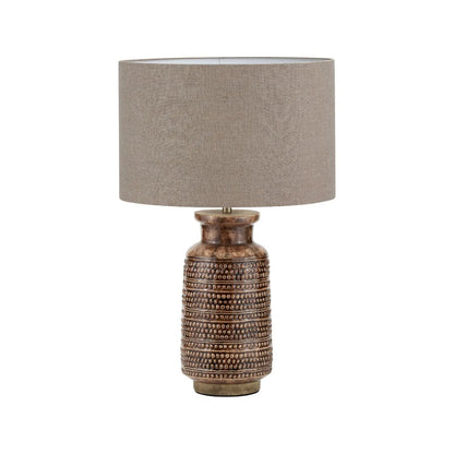 Rustic Rich Brown Glazed Artisan Ceramic Table Lamp with 35cm Natural Linen Drum Shade – Handmade Stoneware Dot Design Tapered Cylindrical Light 58x35x35cm | Click Style