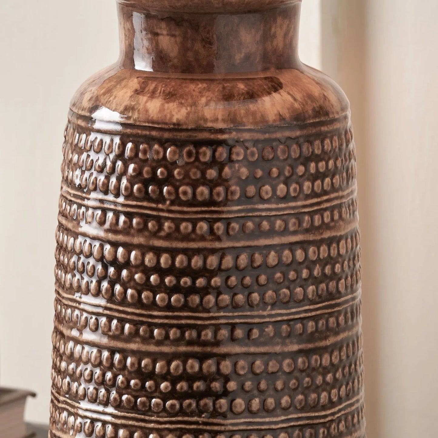 Rustic Rich Brown Glazed Artisan Ceramic Table Lamp with 35cm Natural Linen Drum Shade – Handmade Stoneware Dot Design Tapered Cylindrical Light 58x35x35cm | Click Style