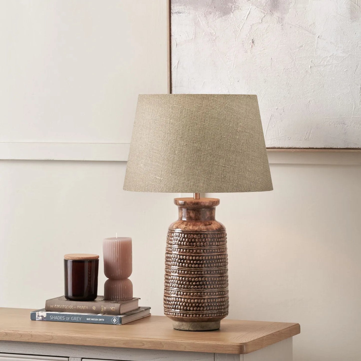 Rustic Rich Brown Glazed Artisan Ceramic Table Lamp with 35cm Natural Linen Tapered Shade – Handmade Stoneware Dot Design Tapered Cylindrical Light 55x35x35cm | Click Style