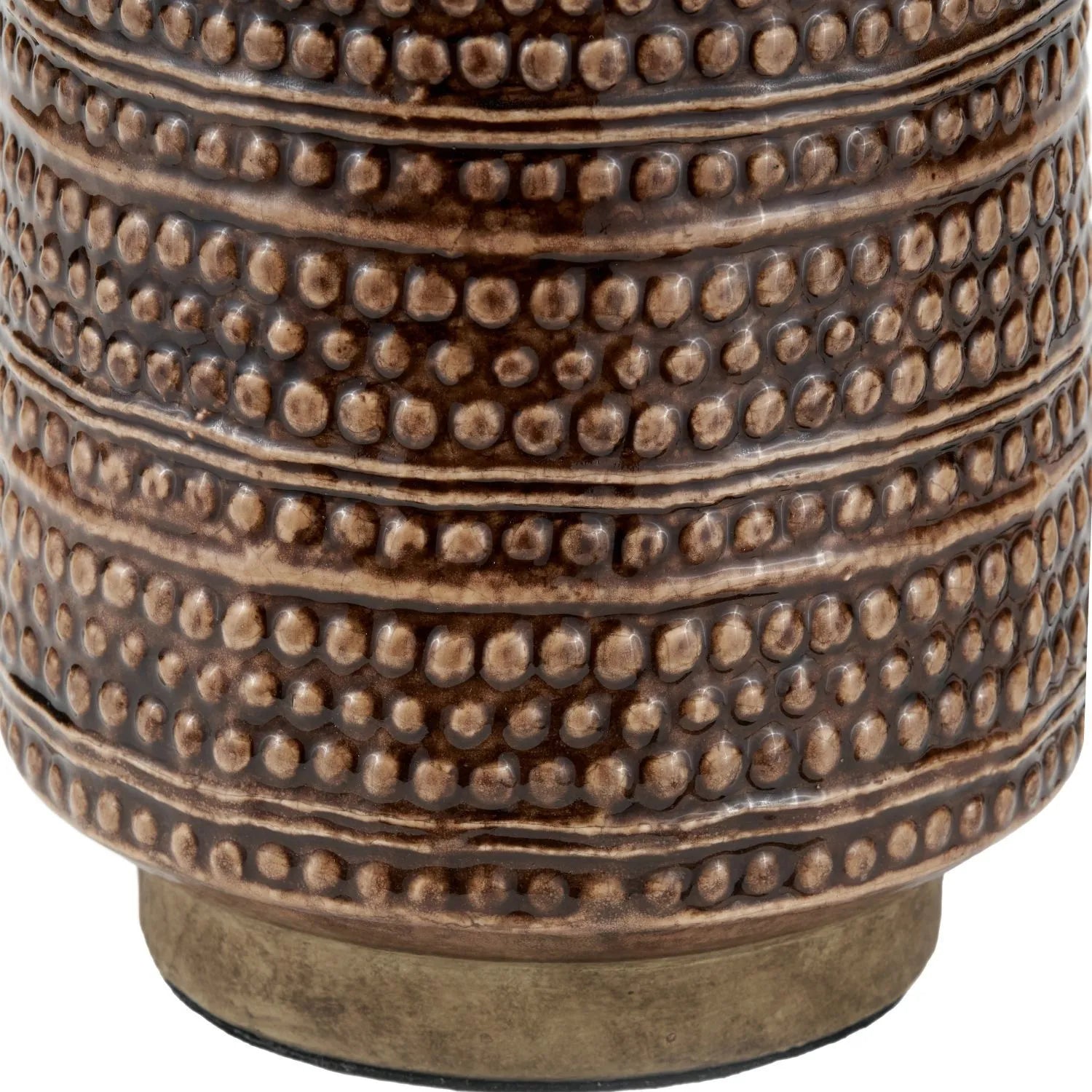 Rustic Rich Brown Glazed Artisan Ceramic Table Lamp with 35cm Natural Linen Tapered Shade – Handmade Stoneware Dot Design Tapered Cylindrical Light 55x35x35cm | Click Style