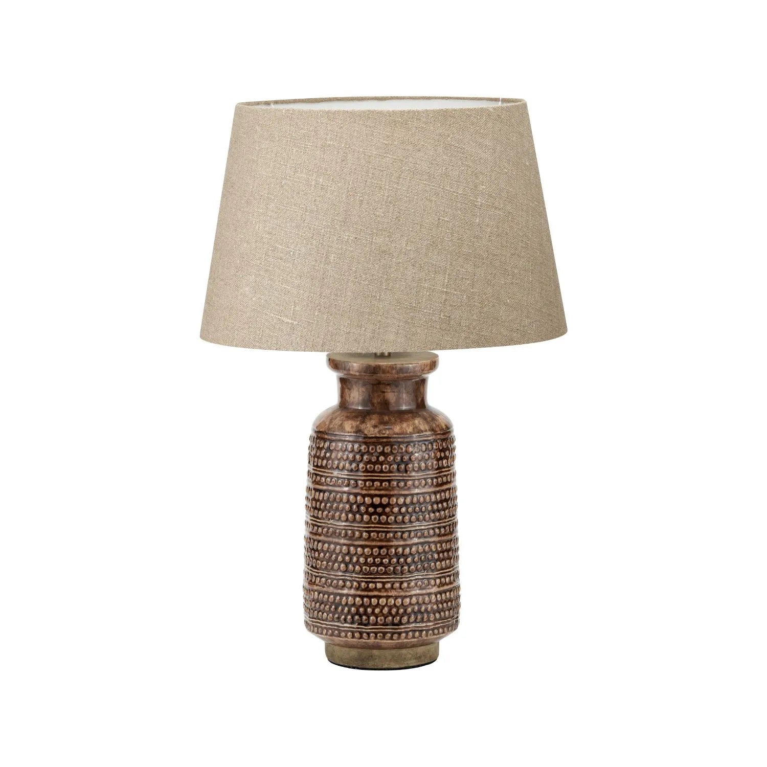 Rustic Rich Brown Glazed Artisan Ceramic Table Lamp with 35cm Natural Linen Tapered Shade – Handmade Stoneware Dot Design Tapered Cylindrical Light 55x35x35cm | Click Style