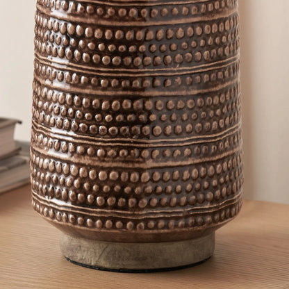 Rustic Rich Brown Glazed Artisan Ceramic Table Lamp with 35cm Pistachio Green Linen Drum Shade – Handmade Stoneware Dot Design Tapered Cylindrical Light 58x35x35cm | Click Style