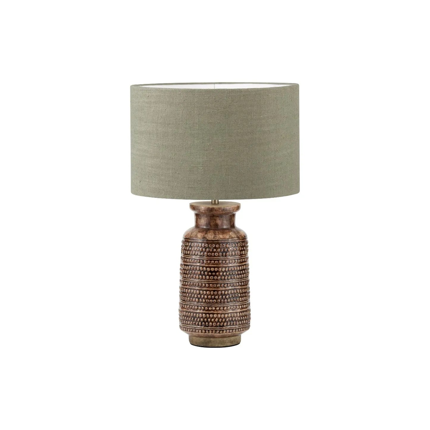 Rustic Rich Brown Glazed Artisan Ceramic Table Lamp with 35cm Pistachio Green Linen Drum Shade – Handmade Stoneware Dot Design Tapered Cylindrical Light 58x35x35cm | Click Style