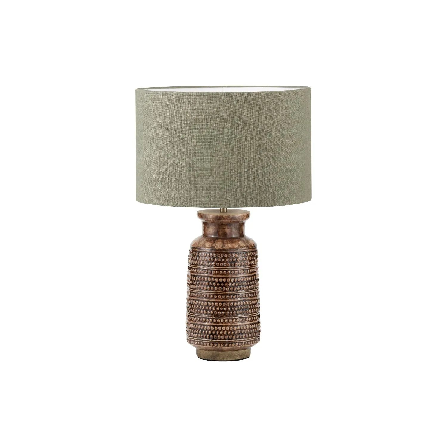 Rustic Rich Brown Glazed Artisan Ceramic Table Lamp with 35cm Pistachio Green Linen Drum Shade – Handmade Stoneware Dot Design Tapered Cylindrical Light 58x35x35cm | Click Style