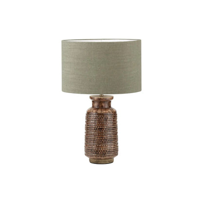 Rustic Rich Brown Glazed Artisan Ceramic Table Lamp with 35cm Pistachio Green Linen Drum Shade – Handmade Stoneware Dot Design Tapered Cylindrical Light 58x35x35cm | Click Style
