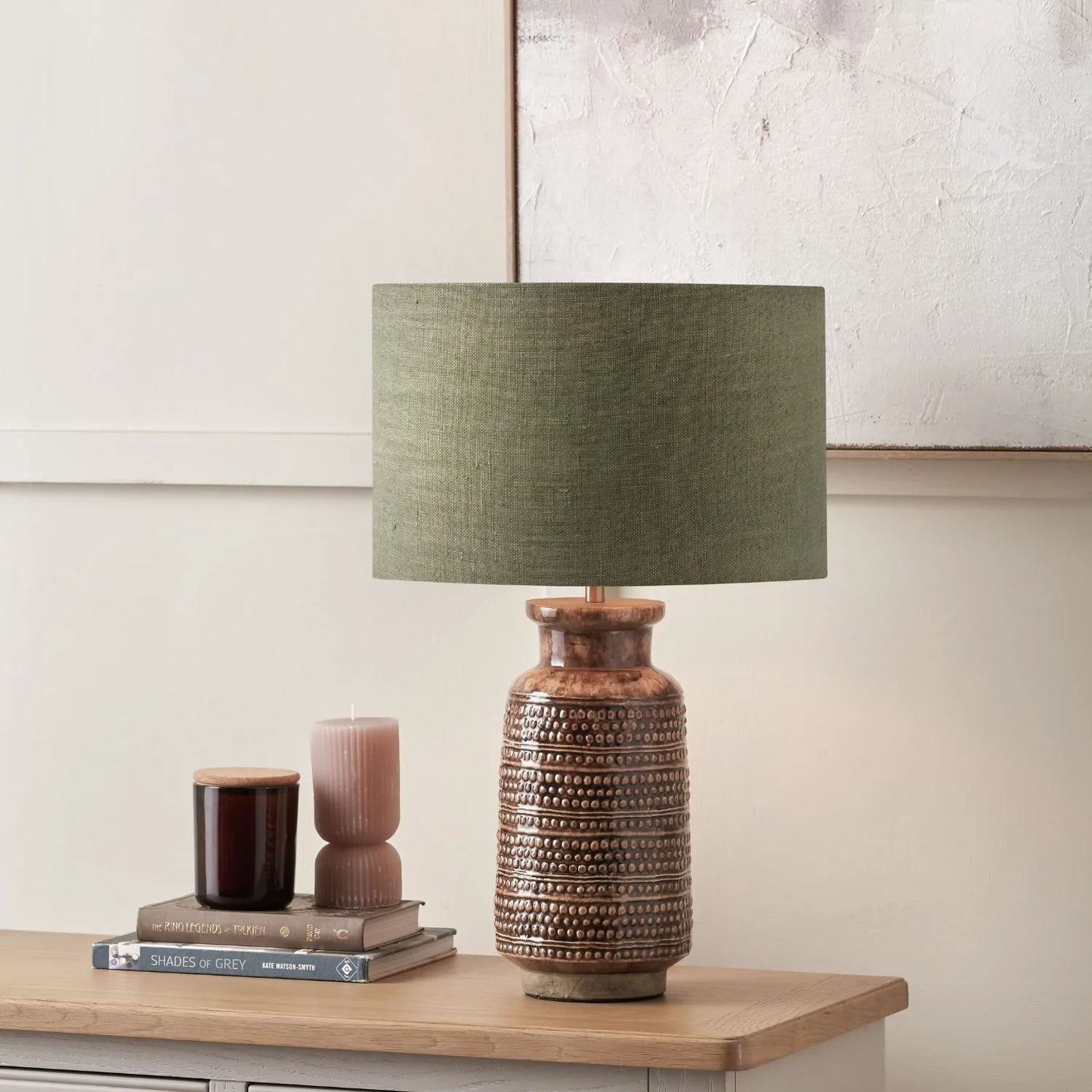 Rustic Rich Brown Glazed Artisan Ceramic Table Lamp with 35cm Pistachio Green Linen Drum Shade – Handmade Stoneware Dot Design Tapered Cylindrical Light 58x35x35cm | Click Style