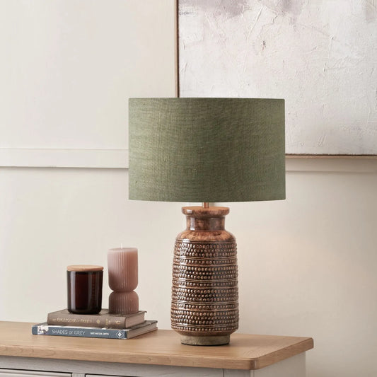 Rustic Rich Brown Glazed Artisan Ceramic Table Lamp with 35cm Pistachio Green Linen Drum Shade – Handmade Stoneware Dot Design Tapered Cylindrical Light 58x35x35cm | Click Style