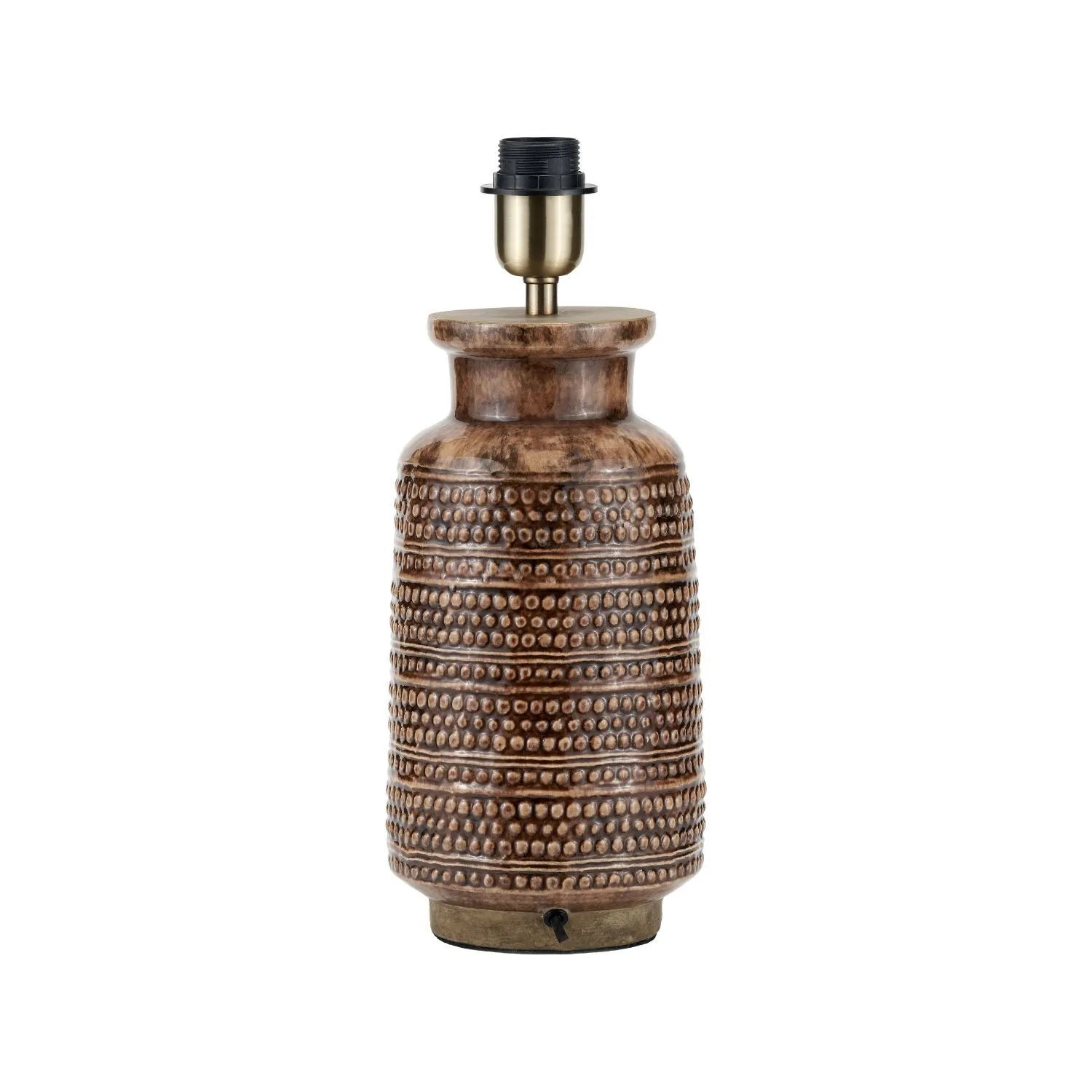 Rustic Rich Brown Glazed Artisan Ceramic Table Lamp with 35cm Pistachio Green Linen Tapered Shade – Handmade Stoneware Dot Design Tapered Cylindrical Light 55x35x35cm | Click Style