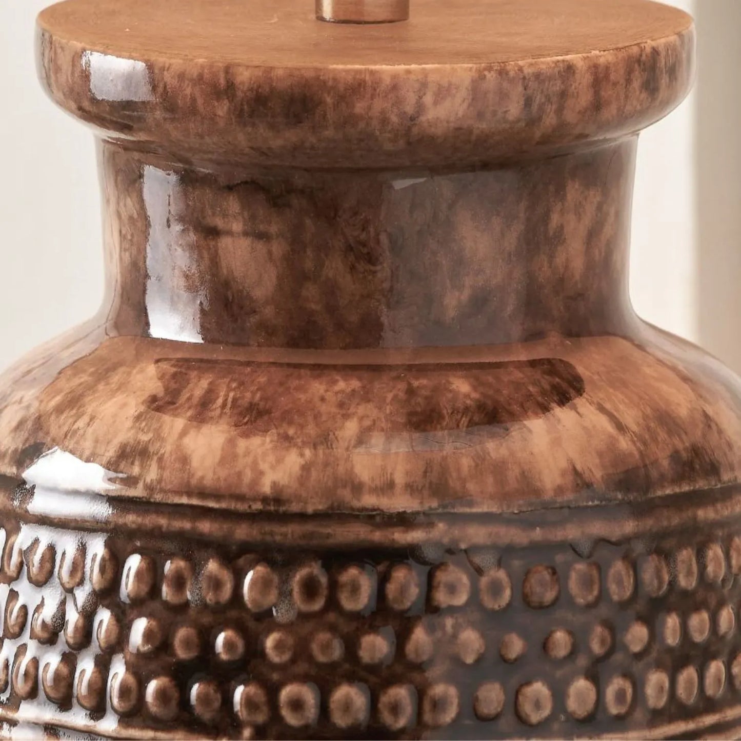 Rustic Rich Brown Glazed Artisan Ceramic Table Lamp with 35cm Pistachio Green Linen Tapered Shade – Handmade Stoneware Dot Design Tapered Cylindrical Light 55x35x35cm | Click Style