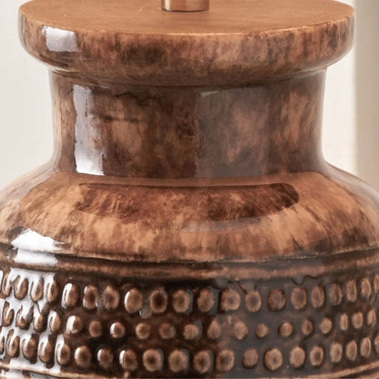 Rustic Rich Brown Glazed Artisan Ceramic Table Lamp with 35cm Pistachio Green Linen Tapered Shade – Handmade Stoneware Dot Design Tapered Cylindrical Light 55x35x35cm | Click Style