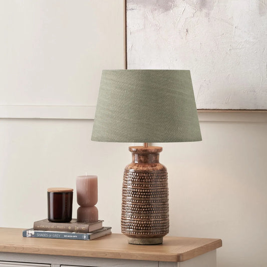 Rustic Rich Brown Glazed Artisan Ceramic Table Lamp with 35cm Pistachio Green Linen Tapered Shade – Handmade Stoneware Dot Design Tapered Cylindrical Light 55x35x35cm | Click Style