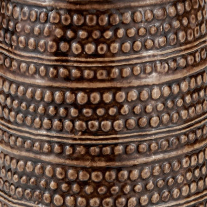 Rustic Rich Brown Glazed Artisan Ceramic Table Lamp with 35cm White Self-Lined Linen Drum Shade – Handmade Stoneware Dot Design Tapered Cylindrical Light 58x35x35cm | Click Style