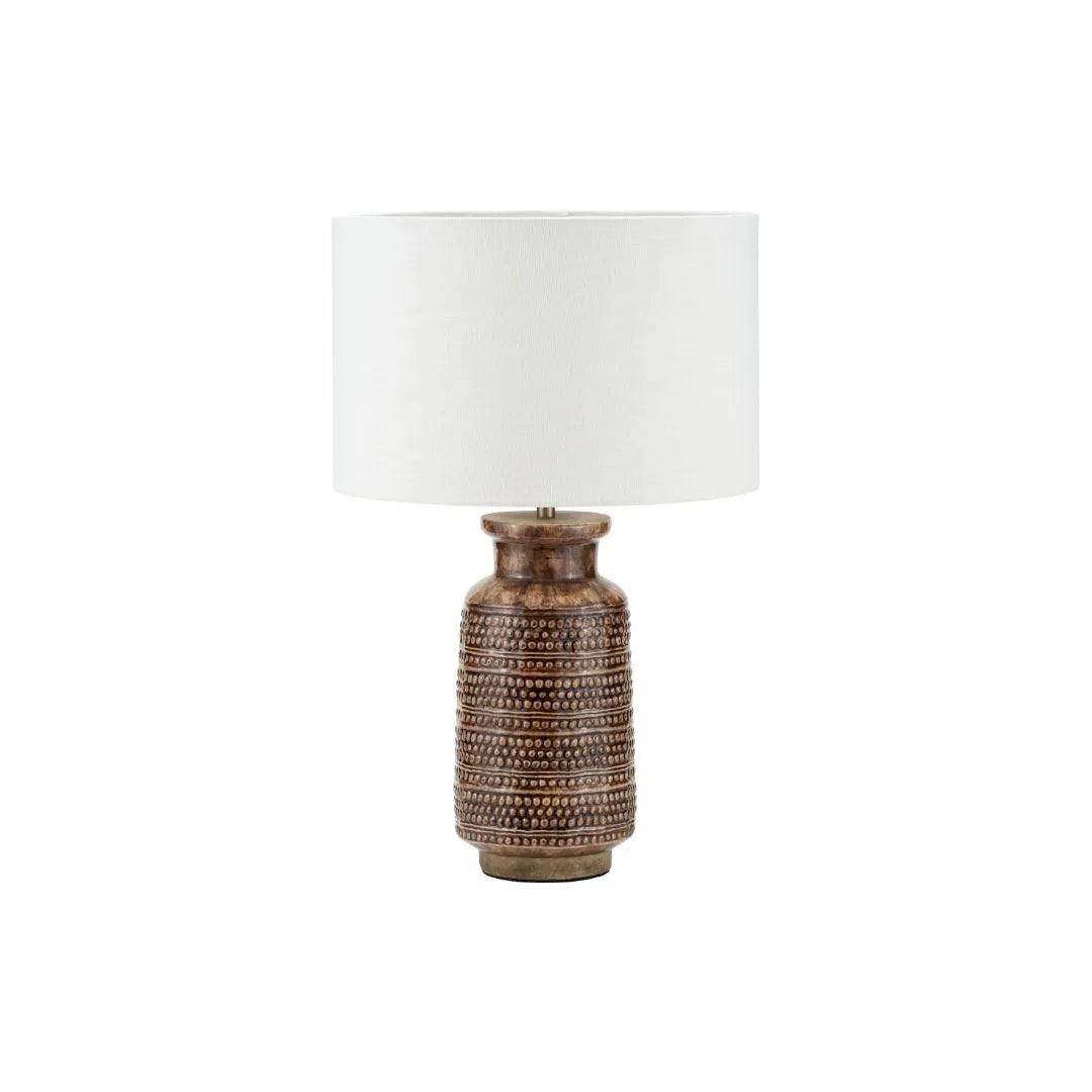 Rustic Rich Brown Glazed Artisan Ceramic Table Lamp with 35cm White Self-Lined Linen Drum Shade – Handmade Stoneware Dot Design Tapered Cylindrical Light 58x35x35cm | Click Style