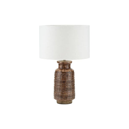 Rustic Rich Brown Glazed Artisan Ceramic Table Lamp with 35cm White Self-Lined Linen Drum Shade – Handmade Stoneware Dot Design Tapered Cylindrical Light 58x35x35cm | Click Style