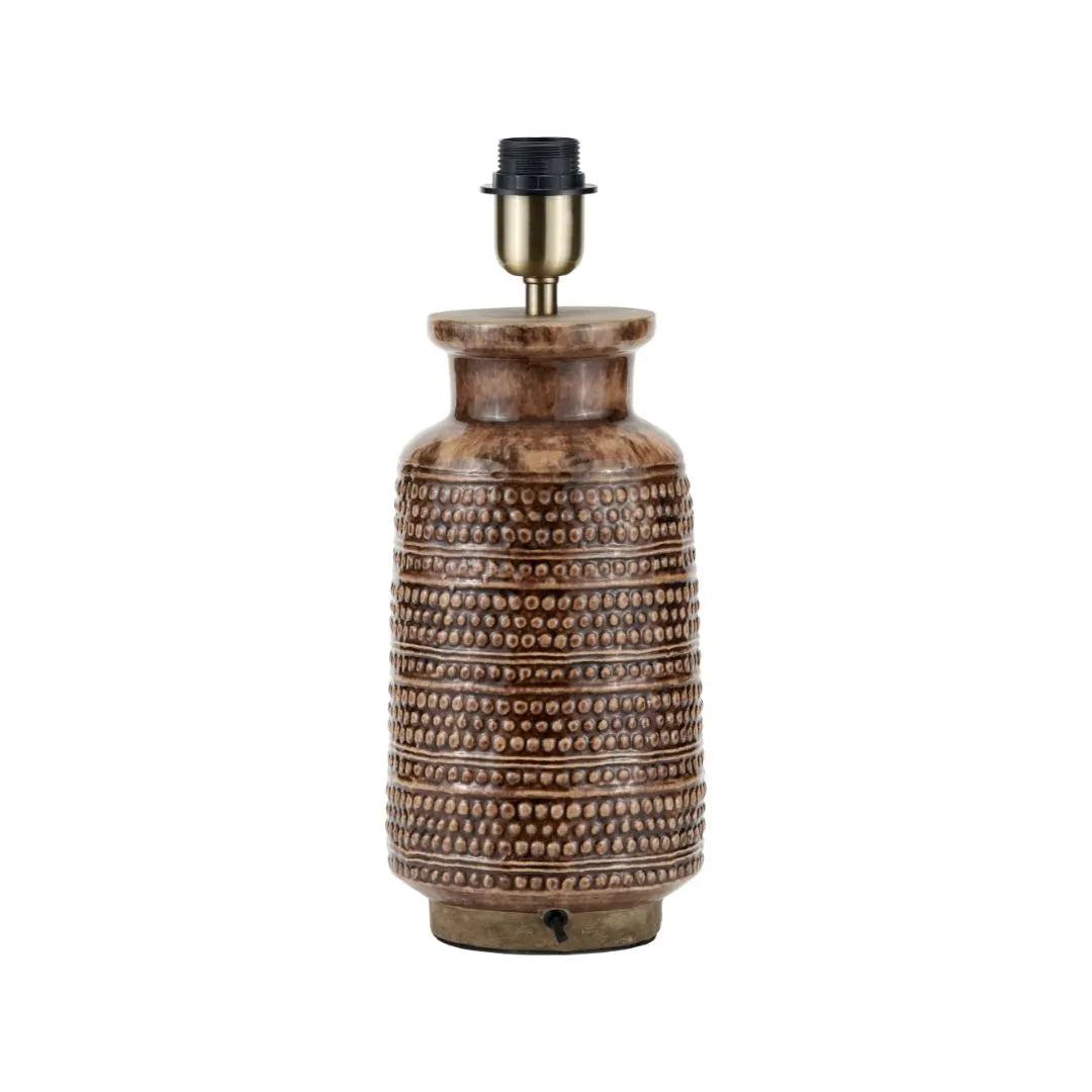 Rustic Rich Brown Glazed Artisan Ceramic Table Lamp with 35cm White Self-Lined Linen Drum Shade – Handmade Stoneware Dot Design Tapered Cylindrical Light 58x35x35cm | Click Style