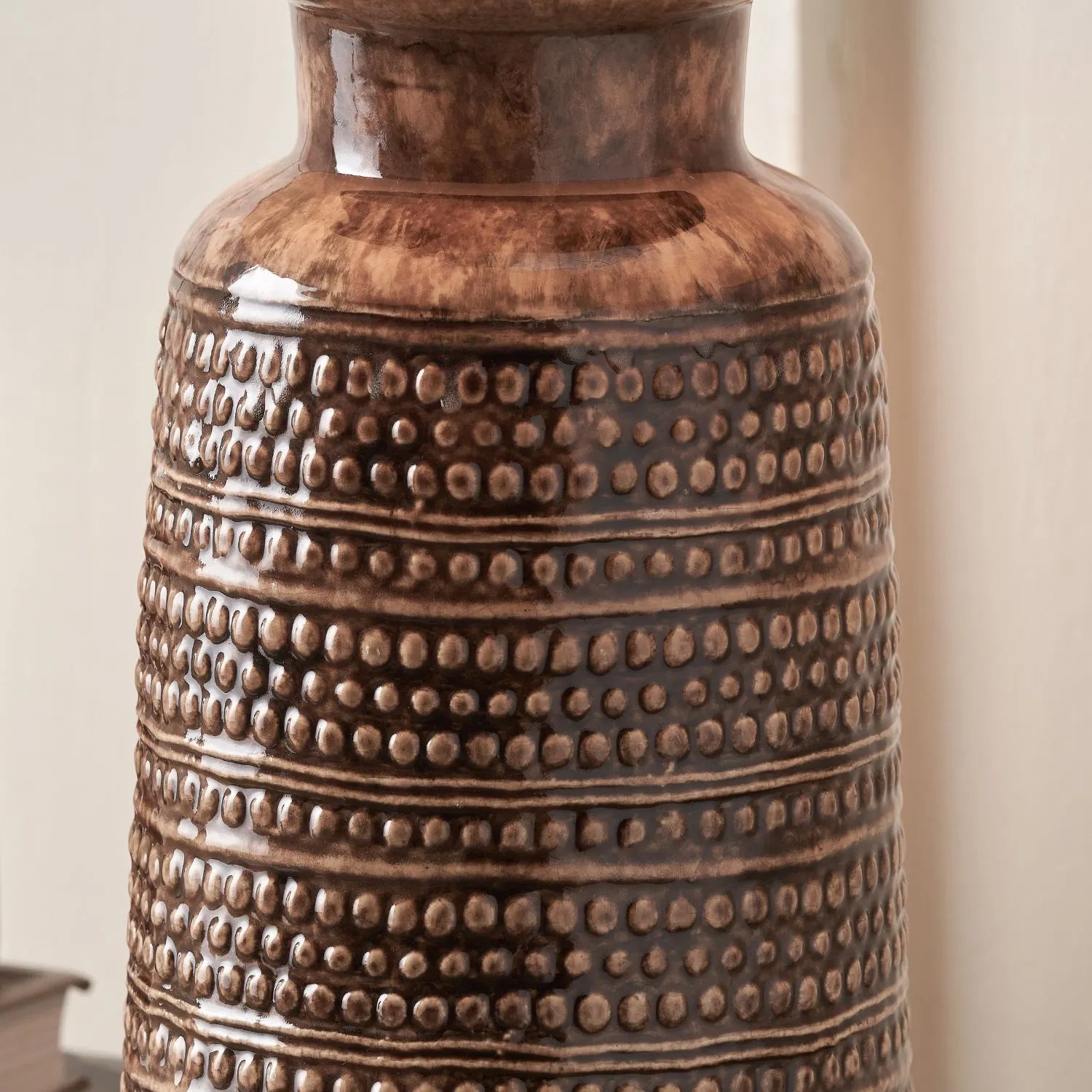 Rustic Rich Brown Glazed Artisan Ceramic Table Lamp with 35cm White Self-Lined Linen Tapered Shade – Handmade Stoneware Dot Design Tapered Cylindrical Light 56x35x35cm | Click Style