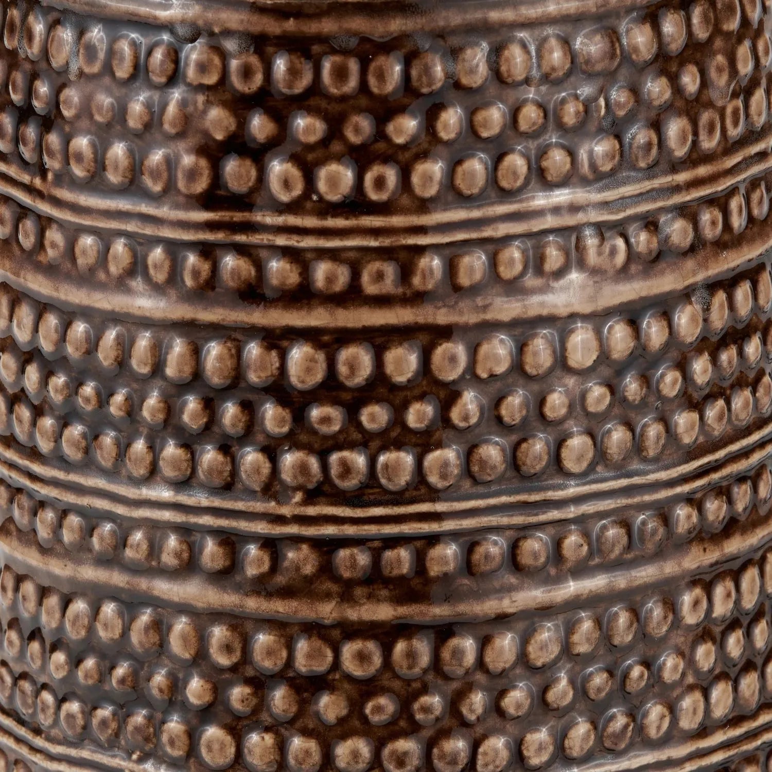 Rustic Rich Brown Glazed Artisan Ceramic Table Lamp with 35cm White Self-Lined Linen Tapered Shade – Handmade Stoneware Dot Design Tapered Cylindrical Light 56x35x35cm | Click Style