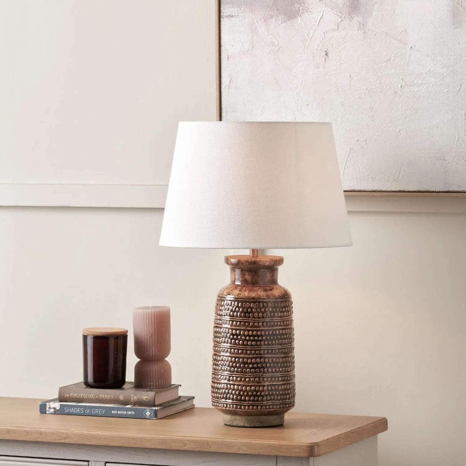 Rustic Rich Brown Glazed Artisan Ceramic Table Lamp with 35cm White Self-Lined Linen Tapered Shade – Handmade Stoneware Dot Design Tapered Cylindrical Light 56x35x35cm | Click Style