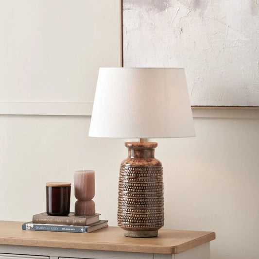 Rustic Rich Brown Glazed Artisan Ceramic Table Lamp with 35cm White Self-Lined Linen Tapered Shade – Handmade Stoneware Dot Design Tapered Cylindrical Light 56x35x35cm | Click Style