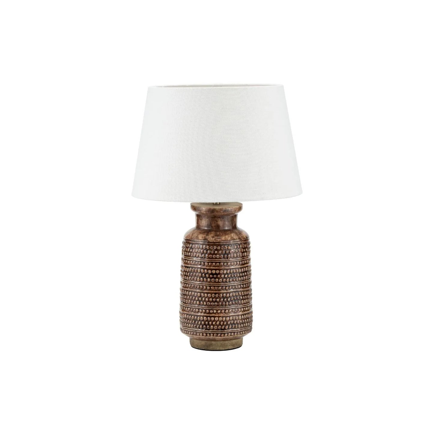 Rustic Rich Brown Glazed Artisan Ceramic Table Lamp with 35cm White Self-Lined Linen Tapered Shade – Handmade Stoneware Dot Design Tapered Cylindrical Light 56x35x35cm | Click Style