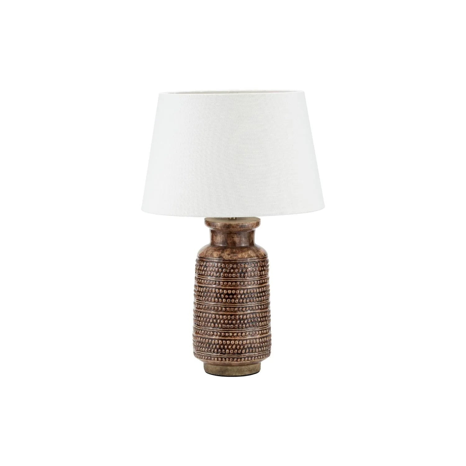 Rustic Rich Brown Glazed Artisan Ceramic Table Lamp with 35cm White Self-Lined Linen Tapered Shade – Handmade Stoneware Dot Design Tapered Cylindrical Light 56x35x35cm | Click Style