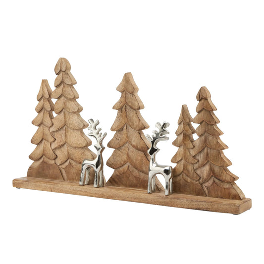 Rustic Wooden & Silver Reindeer Ornament 52x27cm - Decorative Woodland Tree Scene - Click Style