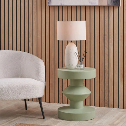 Sage Green Fibrestone Sculptural Pedestal Side Table – Modern Round Accent & Occasional Table 50x40x40cm - Click Style