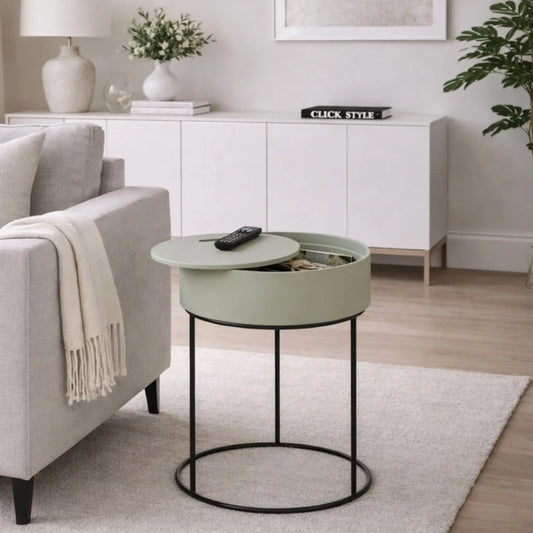 Sage Green Metal & Wood Side Table with Storage & Removable Lid – Round Bedside or End Table 51.5x38cm - Click Style