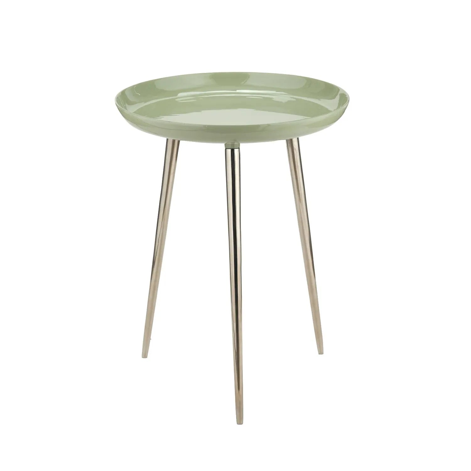 Sage Green Round Tripod Enamel Side Table with Silver Metal Legs – Modern Accent Table 58x44x44cm - Click Style