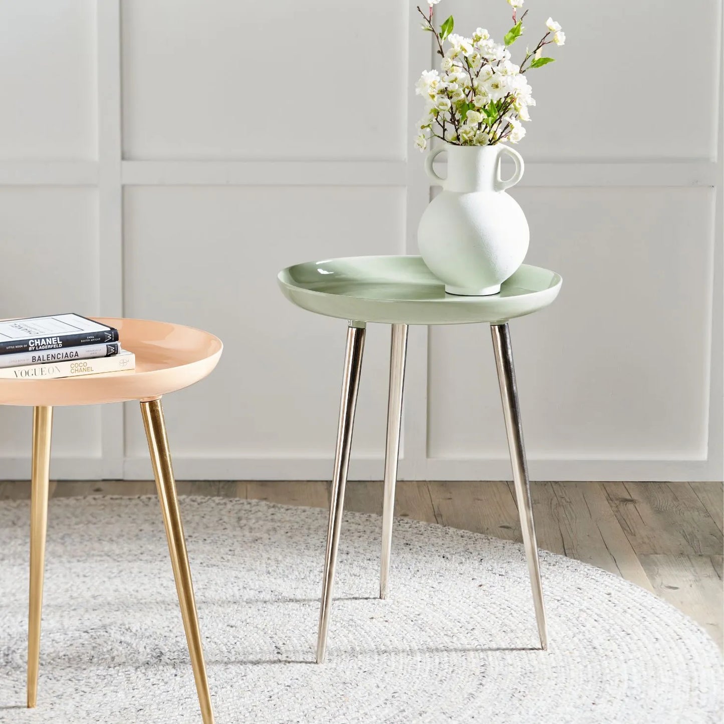 Sage Green Round Tripod Enamel Side Table with Silver Metal Legs – Modern Accent Table 58x44x44cm - Click Style