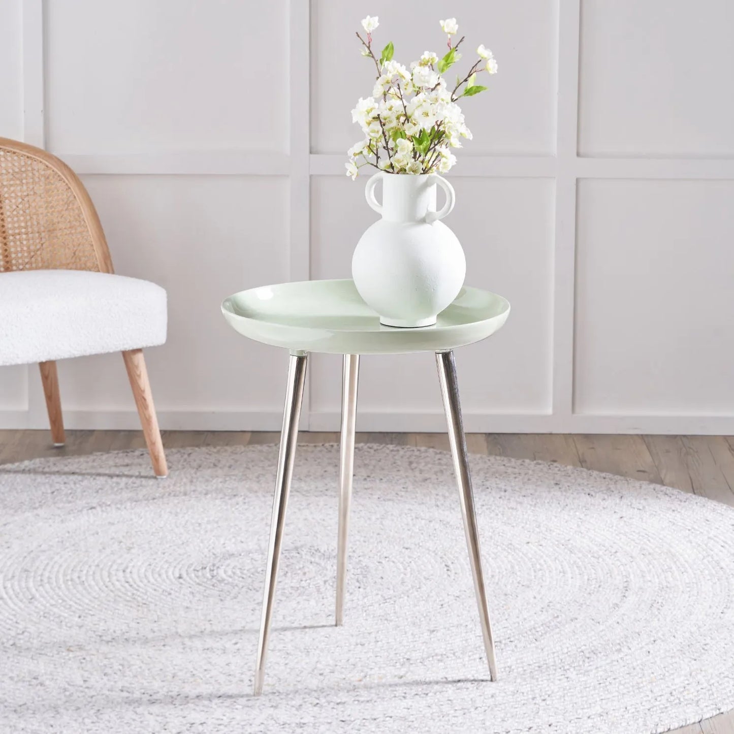 Sage Green Round Tripod Enamel Side Table with Silver Metal Legs – Modern Accent Table 58x44x44cm - Click Style