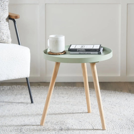 Sage Green Round Tripod Side Table with Pine Wooden Legs – Small Bedside or Coffee Table 43.5x41cm - Click Style