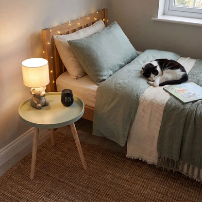 Sage Green Round Tripod Side Table with Pine Wooden Legs – Small Bedside or Coffee Table 43.5x41cm, Scandinavian Inspired Sage Green Side Table with Raised Edge Wood Veneer Top and Natural Pine Legs, Ideal as a Bedside Table, Lamp Table or Sofa Side Table for Bedrooms, Living Rooms and Reading Nooks | Click Style