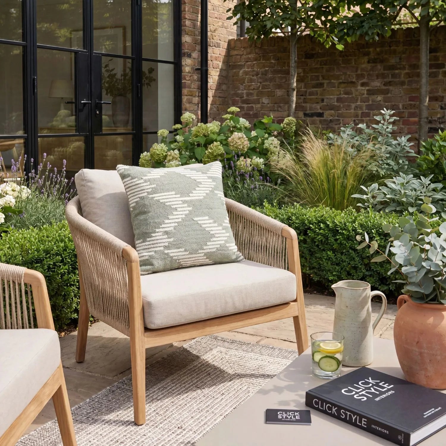 Sage Green & White Square Indoor Outdoor Cushion with Aztec Pattern – Recycled Weather-Resistant & Durable 45x45x10cm Made from Recycled PET Yarn with a Woven Sage Green and White Aztec-Inspired Design for Garden Furniture Patios Balconies Conservatories and Indoor Seating Areas | Click Style