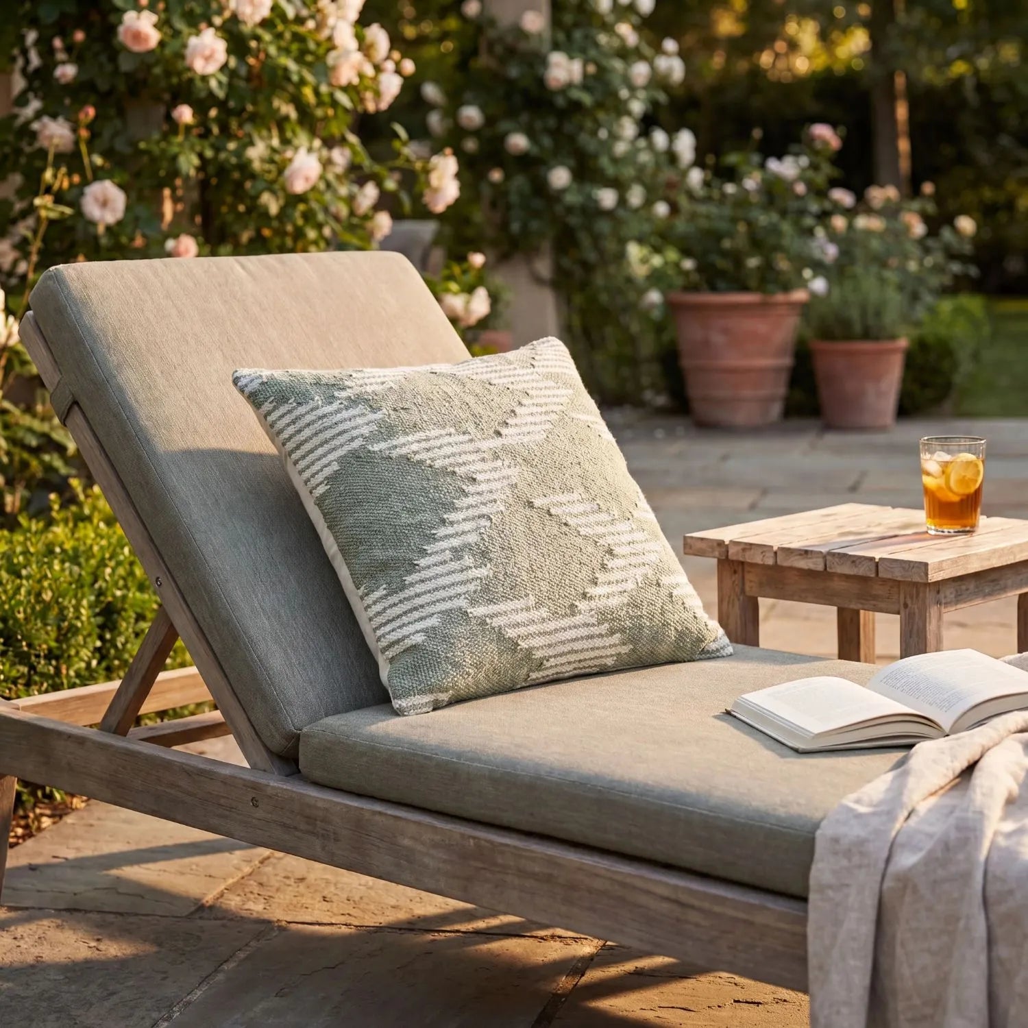 Sage Green & White Square Indoor Outdoor Cushion with Aztec Pattern – Recycled Weather-Resistant & Durable 45x45x10cm Made from Recycled PET Yarn with a Woven Sage Green and White Aztec-Inspired Design for Garden Furniture Patios Balconies Conservatories and Indoor Seating Areas | Click Style