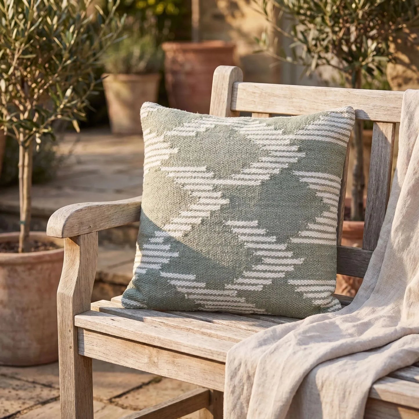 Sage Green & White Square Indoor Outdoor Cushion with Aztec Pattern – Recycled Weather-Resistant & Durable 45x45x10cm Made from Recycled PET Yarn with a Woven Sage Green and White Aztec-Inspired Design for Garden Furniture Patios Balconies Conservatories and Indoor Seating Areas | Click Style
