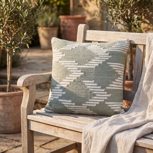 Sage Green & White Square Indoor Outdoor Cushion with Aztec Pattern – Recycled Weather-Resistant & Durable 45x45x10cm Made from Recycled PET Yarn with a Woven Sage Green and White Aztec-Inspired Design for Garden Furniture Patios Balconies Conservatories and Indoor Seating Areas | Click Style