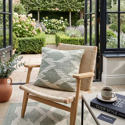 Sage Green & White Square Indoor Outdoor Cushion with Aztec Pattern – Recycled Weather-Resistant & Durable 45x45x10cm Made from Recycled PET Yarn with a Woven Sage Green and White Aztec-Inspired Design for Garden Furniture Patios Balconies Conservatories and Indoor Seating Areas | Click Style
