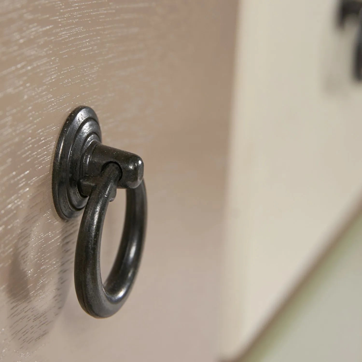 Sage Green & Neutral Pine Wood 12 Drawer Storage Chest – Black Ring Handle Close Up | Click Style