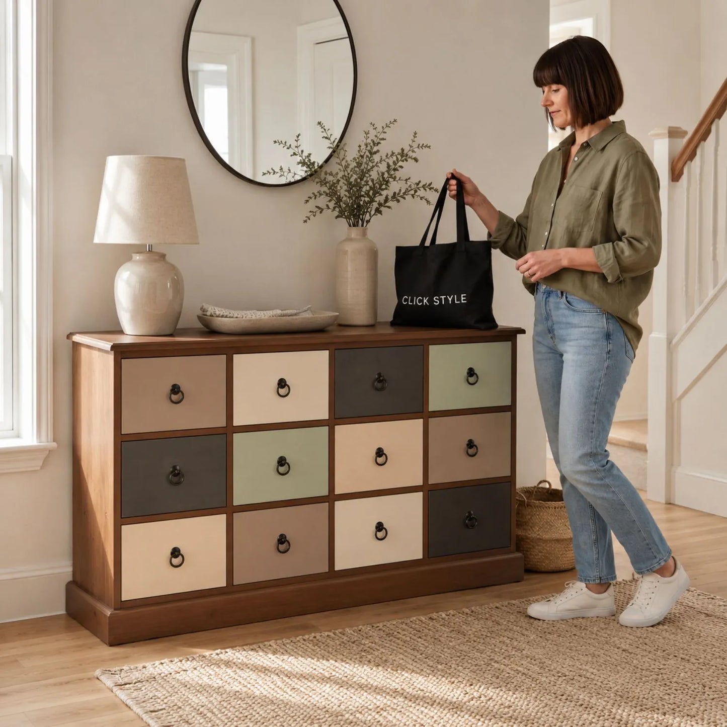 Sage Green & Neutral Pine Wood 12 Drawer Storage Chest with Black Ring Handles styled in a contemporary hallway with woman | Click Style