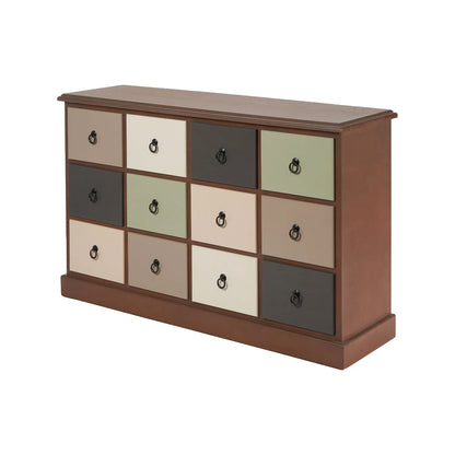 Sage Green & Neutral Pine Wood 12 Drawer Storage Chest with Black Ring Handles – Front & Side View Angled Left | Click Style