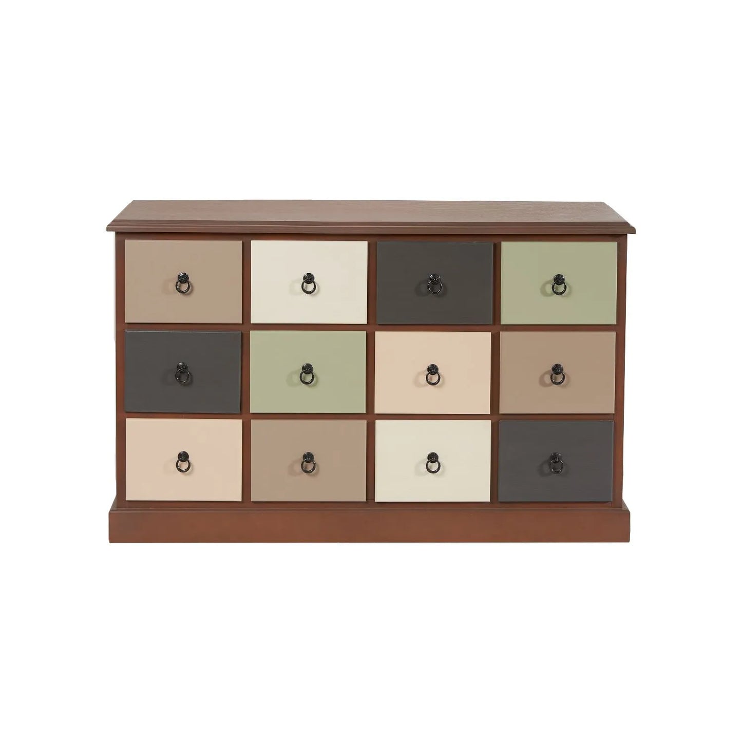 Sage Green & Neutral Pine Wood 12 Drawer Storage Chest with Black Ring Handles – Front View | Click Style