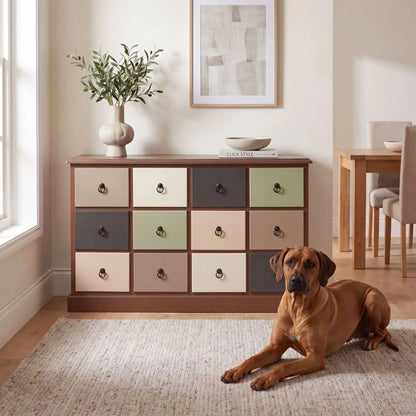 Sage Green & Neutral Pine Wood 12 Drawer Storage Chest with Black Ring Handles styled in a contemporary dining room with Rhodesian Ridgeback | Click Style