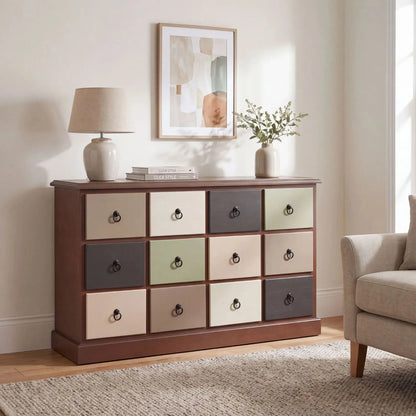 Sage Green & Neutral Pine Wood 12 Drawer Storage Chest with Black Ring Handles styled in a contemporary neutral living room | Click Style